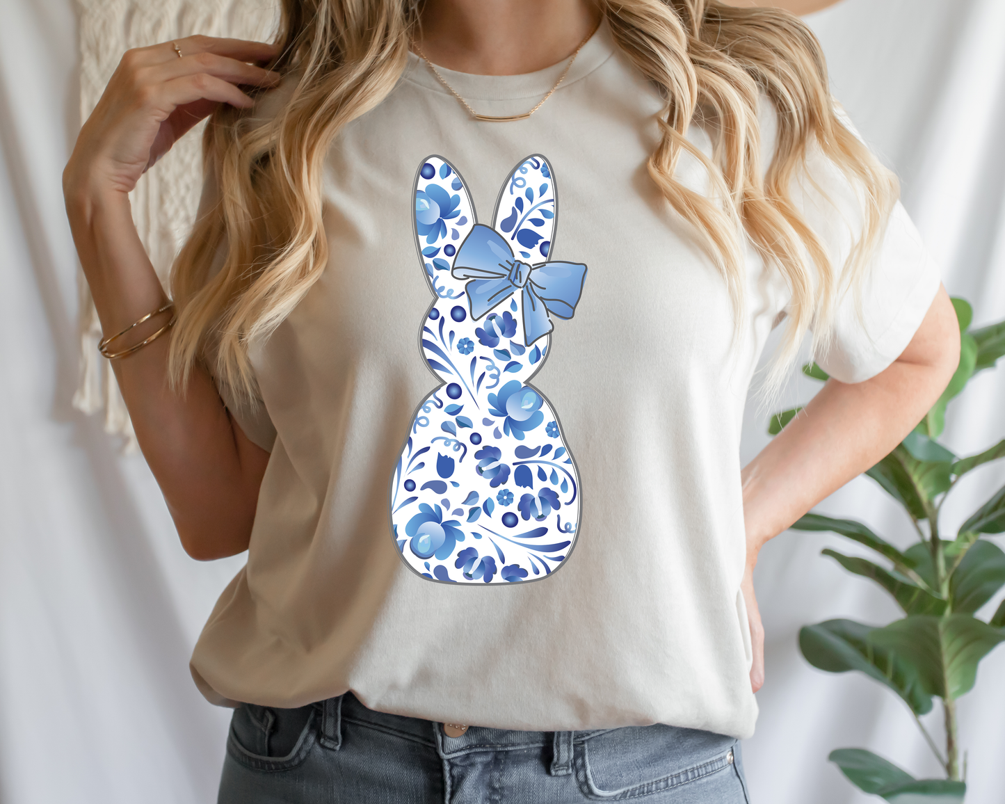 Blue Floral Toile Bunny with Coquette Bow PNG