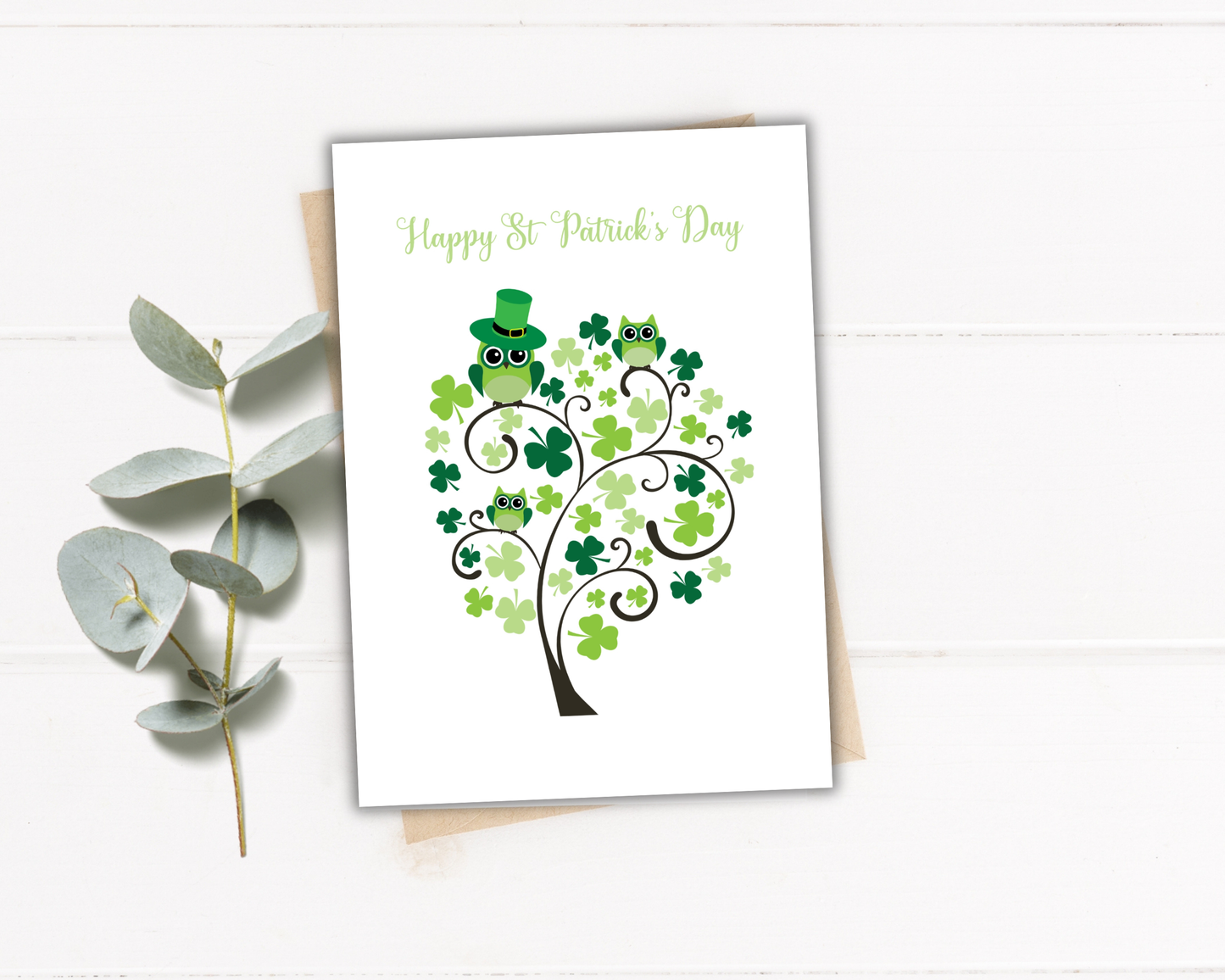 Saint Patrick's Day Shamrock Tree with Owls Greeting Card