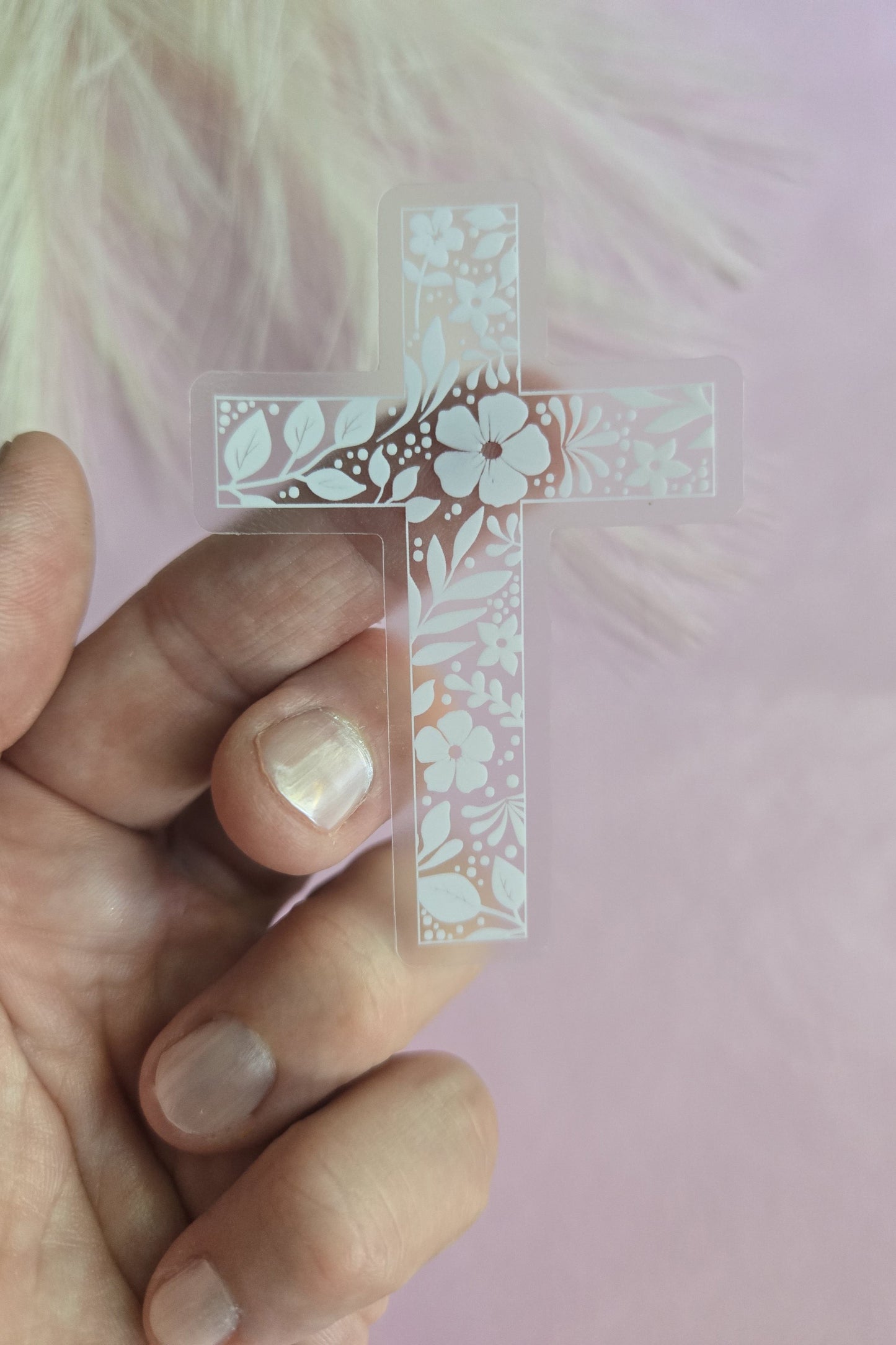 Floral Cross Clear Vinyl Sticker