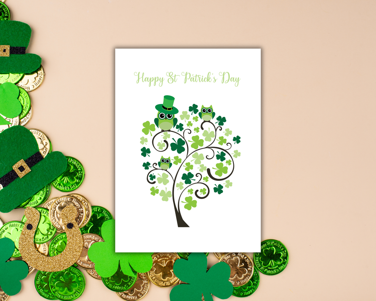 Saint Patrick's Day Shamrock Tree with Owls Greeting Card