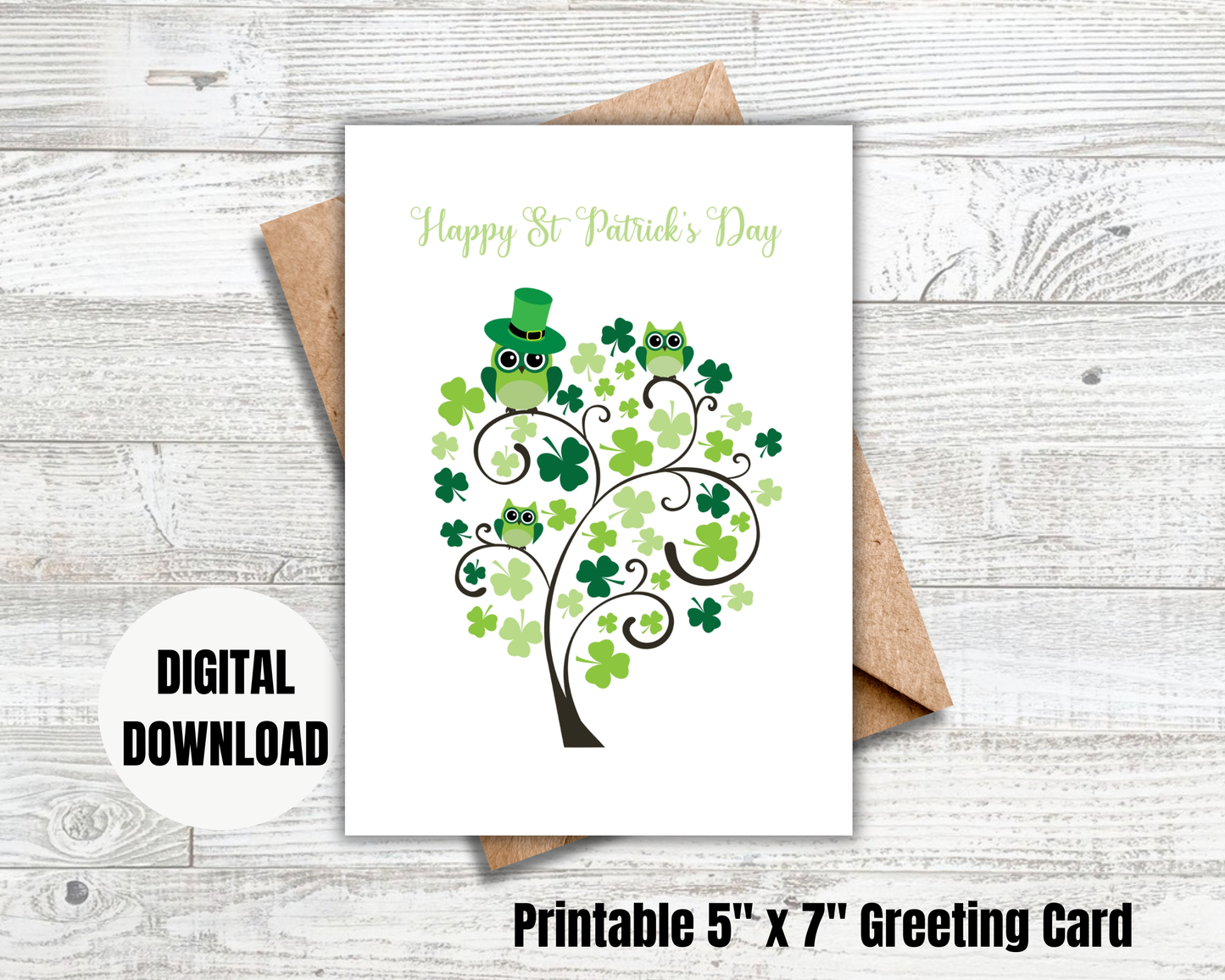 Saint Patrick's Day Shamrock Tree with Owls Greeting Card