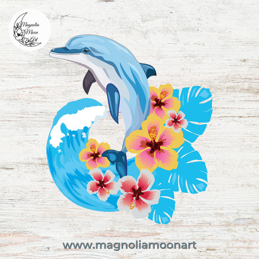 Dolphin with Tropical Flowers and Ocean Wave PNG