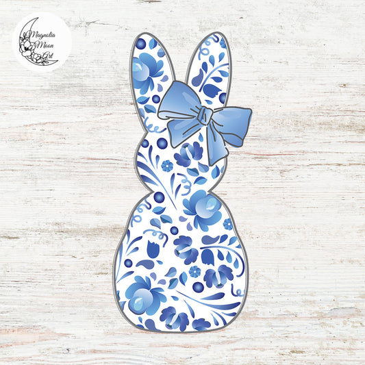 Blue Floral Toile Bunny with Coquette Bow PNG