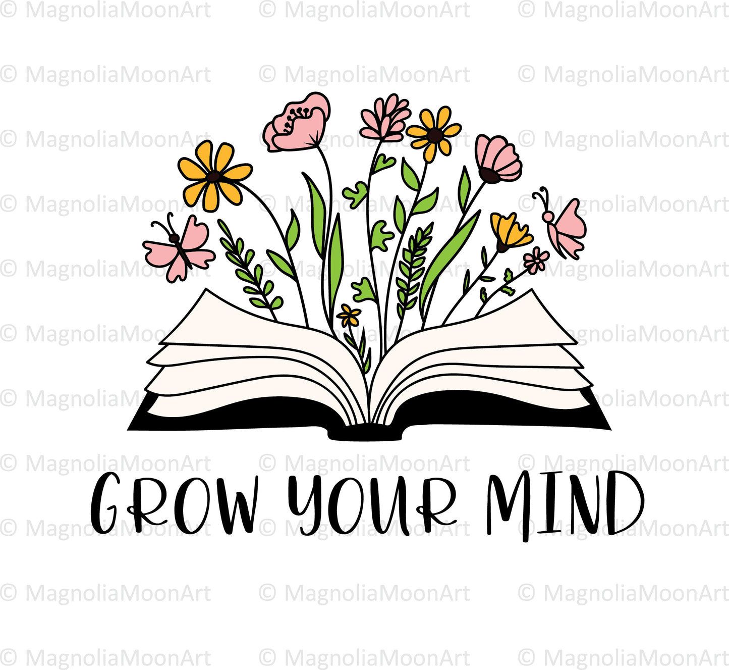 Grow Your Mind Floral Book Digital Clip Art