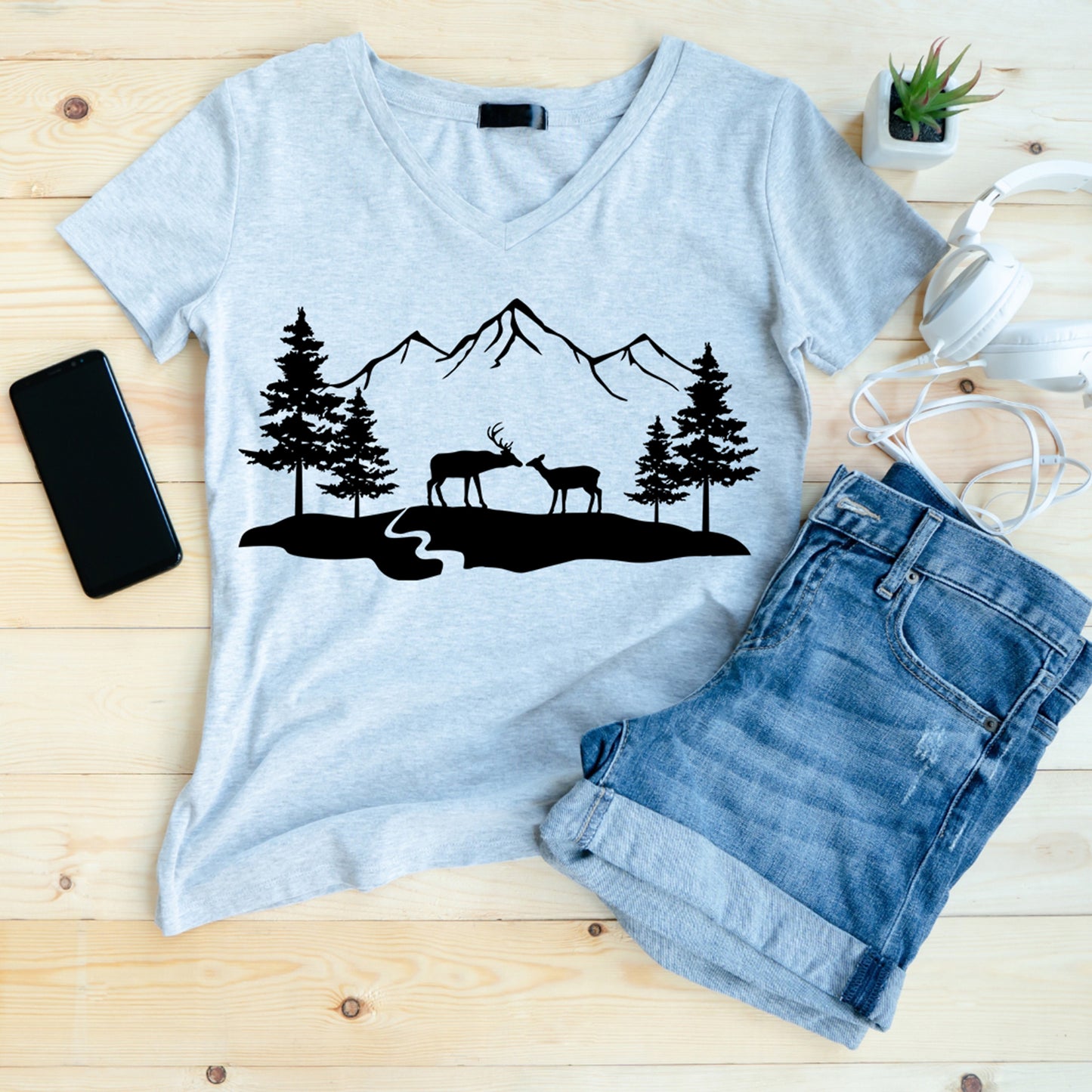 Deer Buck and Doe Mountains Scene SVG